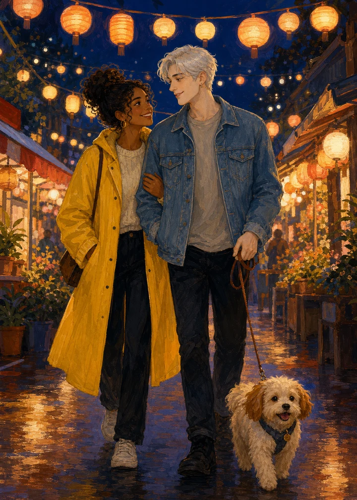 An illustrated adult couple walking their dog beneath night-market lanterns
