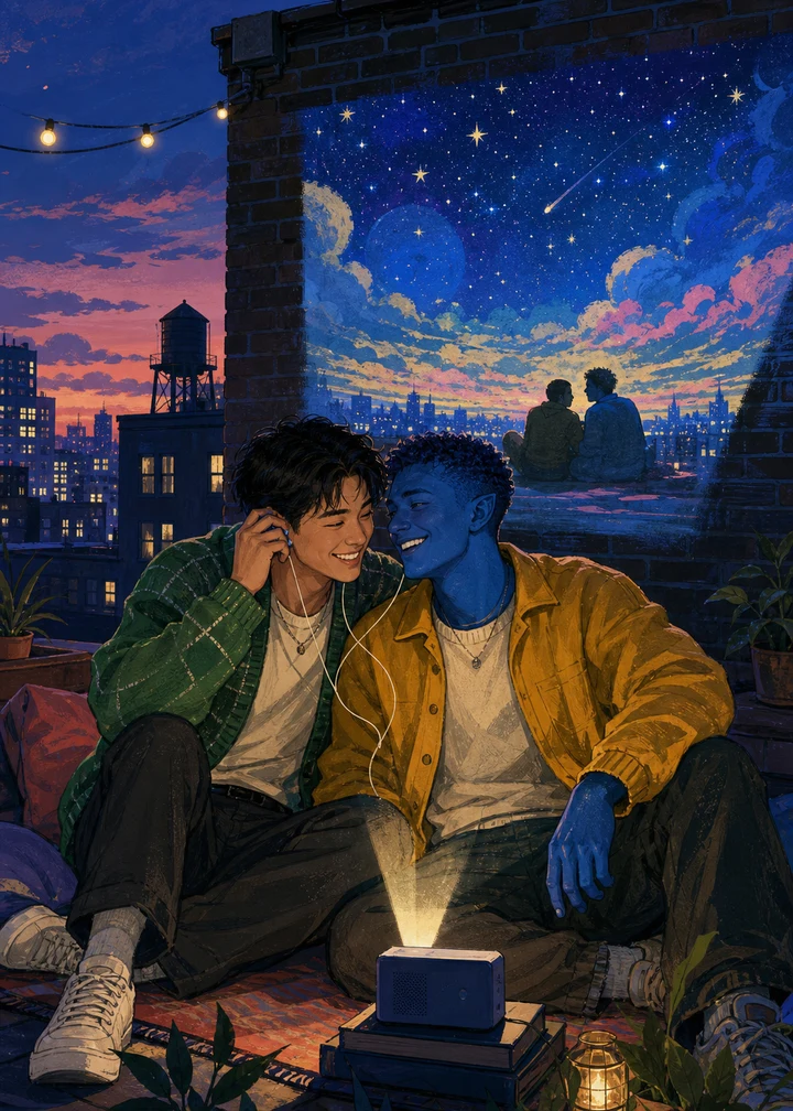An illustrated couple sharing headphones under a starry rooftop projection