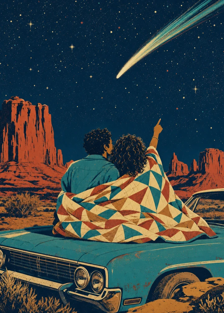 A screen-printed travel-poster couple watching a comet over the desert