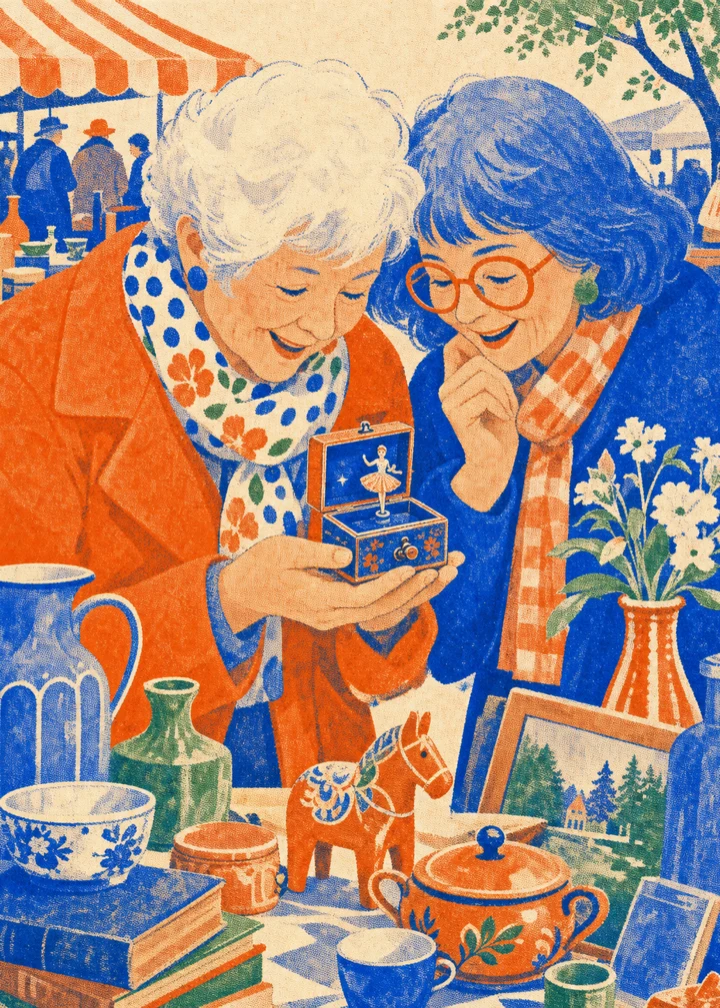 A bold risograph illustration of two women discovering a music box at a flea market