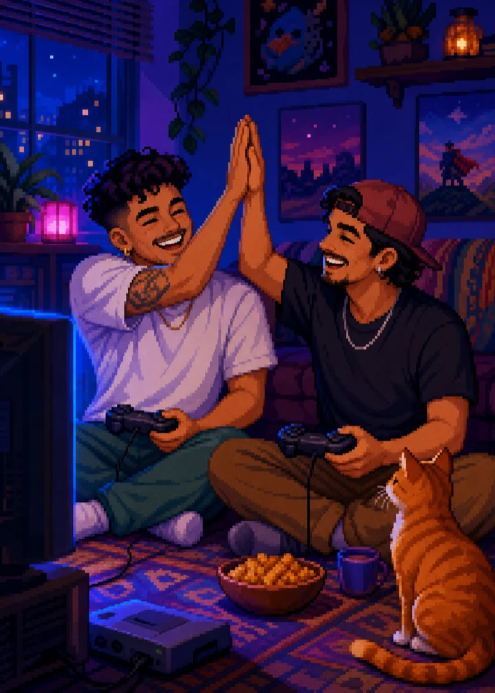 A pixel-art couple celebrating a game-night win with their cat