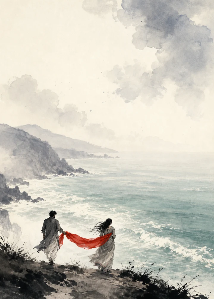 An ink-and-wash couple walking above the ocean with a red scarf