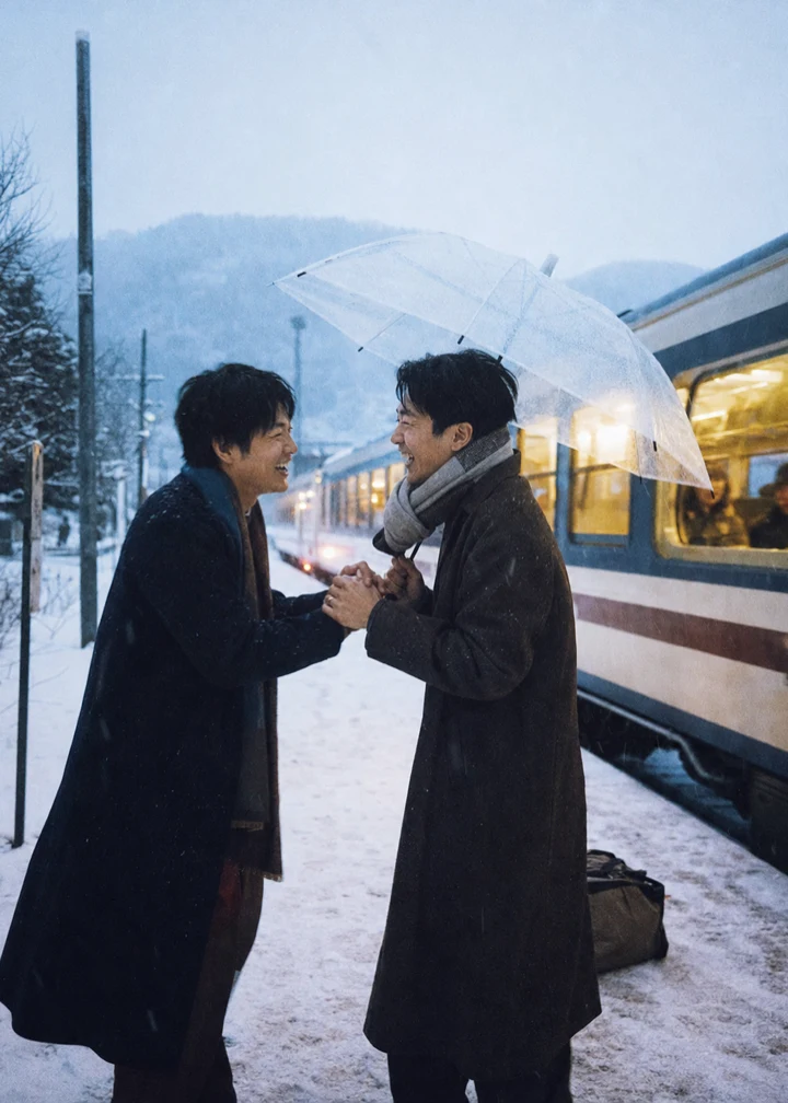 A candid analogue photograph of two men reuniting on a snowy train platform