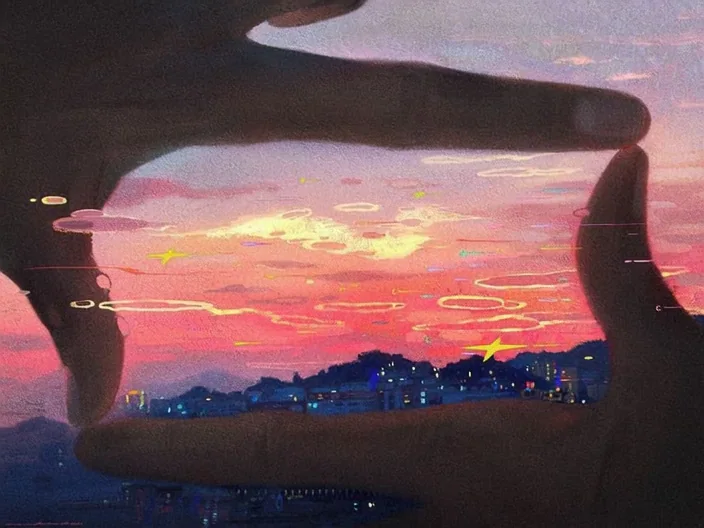 A dreamy pink dusk framed by two hands, with a distant city beneath the stars