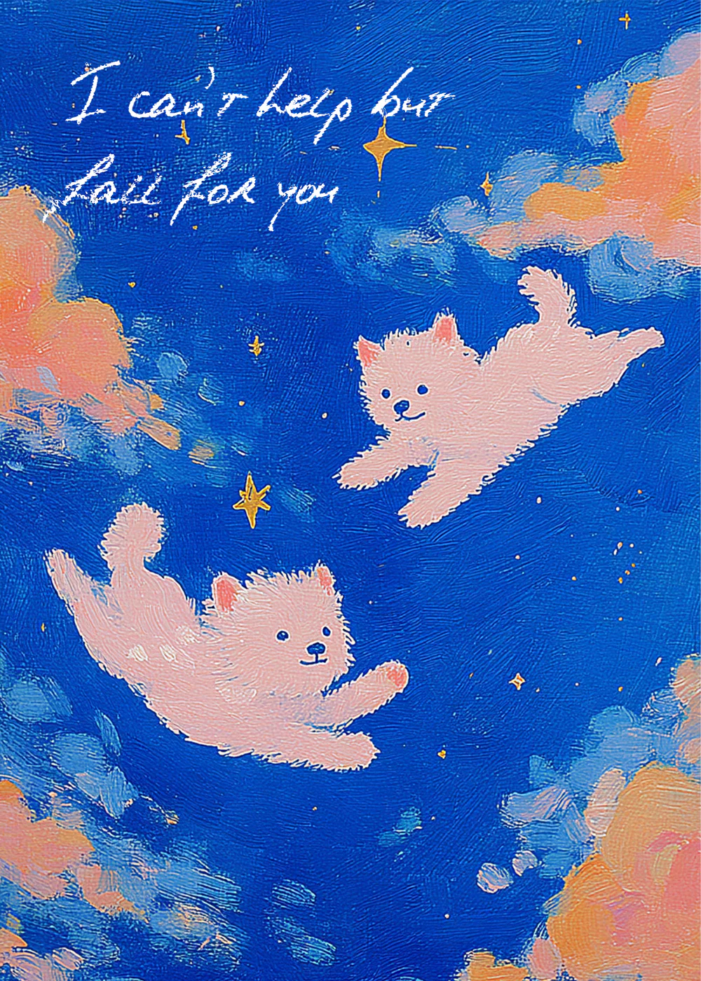 A painted blue greeting card with two pink cats floating among stars